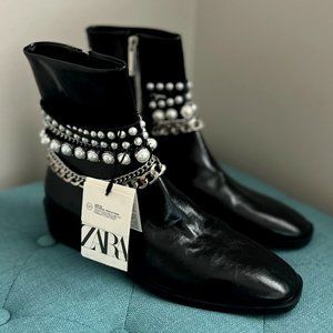 Zara Pearl and Chain Detail Ankle Boots